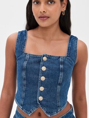 Reformation Blue Denim Button-Front Crop Top